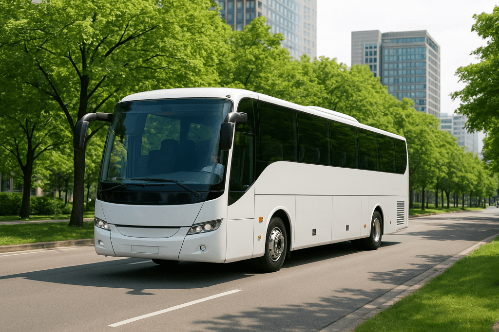 Ônibus com fretamento corporativo sustentável Roota em estrada verde.
