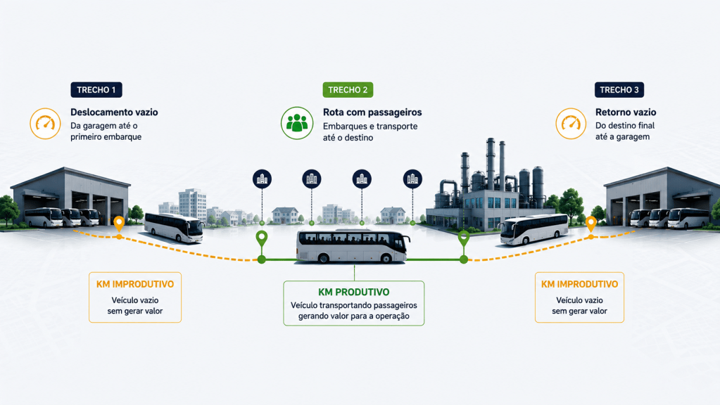 Diagrama explicando km produtivo e km improdutivo em uma operação de fretamento corporativo.