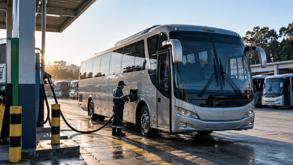 Ônibus de transporte fretado sendo abastecido com diesel em um pátio operacional.