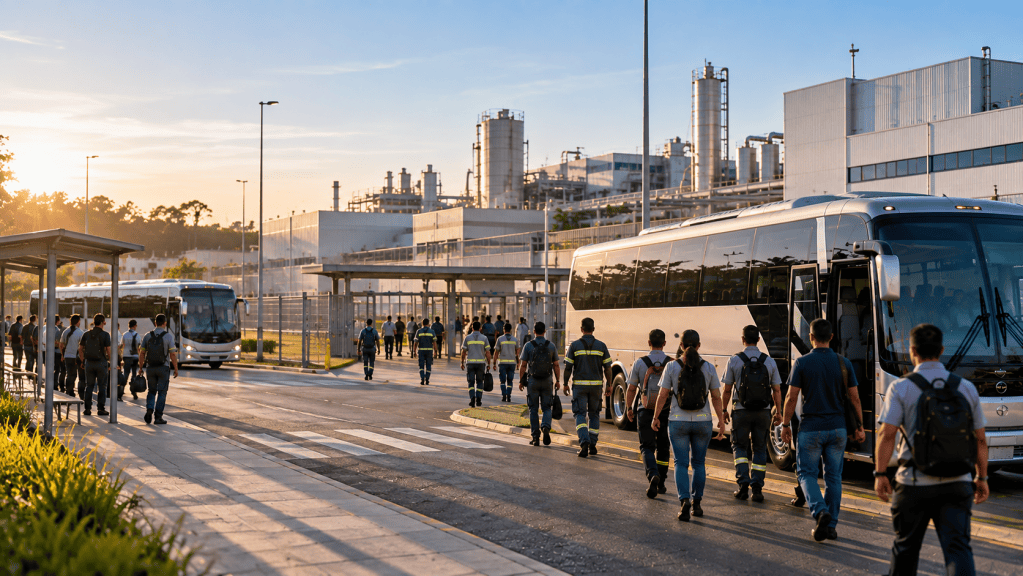 Trabalhadores chegando a um polo industrial brasileiro no início da manhã por diferentes meios de transporte.