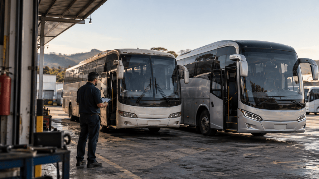 Gestor de frota avaliando ônibus de diferentes idades antes de uma decisão de renovação.