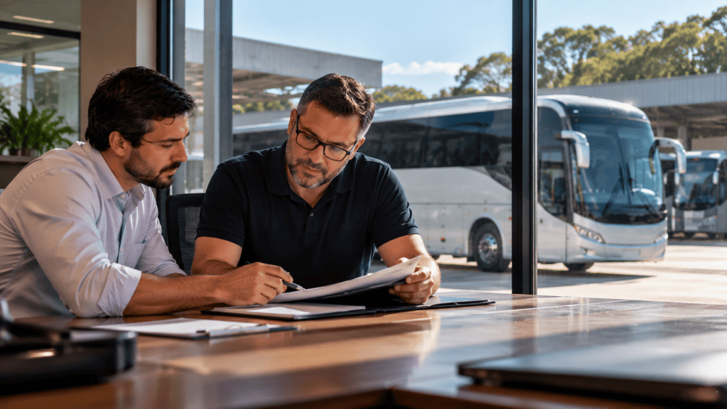 Profissionais conferindo documentação de uma empresa de transporte fretado antes da contratação