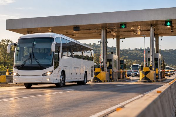 Pedágios e concessões: como mudanças de tarifa chegam às linhas recorrentes Ônibus de transporte fretado passando por praça de pedágio em rodovia brasileira.