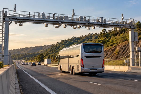 Ônibus de transporte fretado passando por um pórtico de pedágio eletrônico Free Flow em rodovia brasileira
